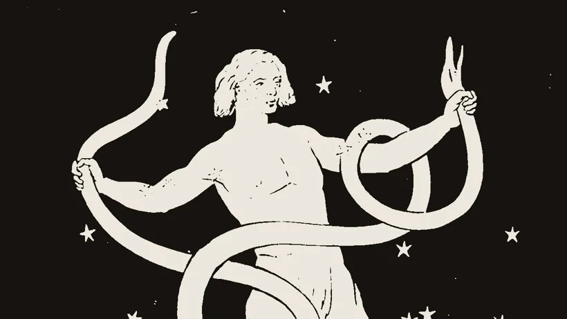 Old star-atlas illustration of Ophiuchus: a figure holding a long serpent, surrounded by stars.